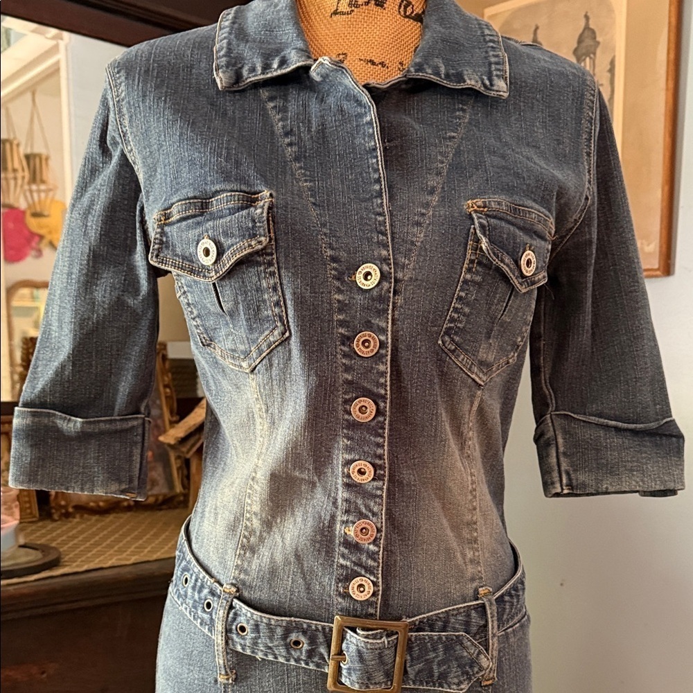 Hot Kiss Y2K Denim Shirt Dress Belted Button Front Blue Medium - Picture 7 of 16